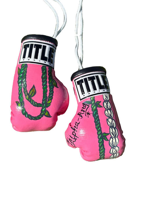 Custom Mini Boxing Gloves, Pink, Ti Leaf and Crown Flower