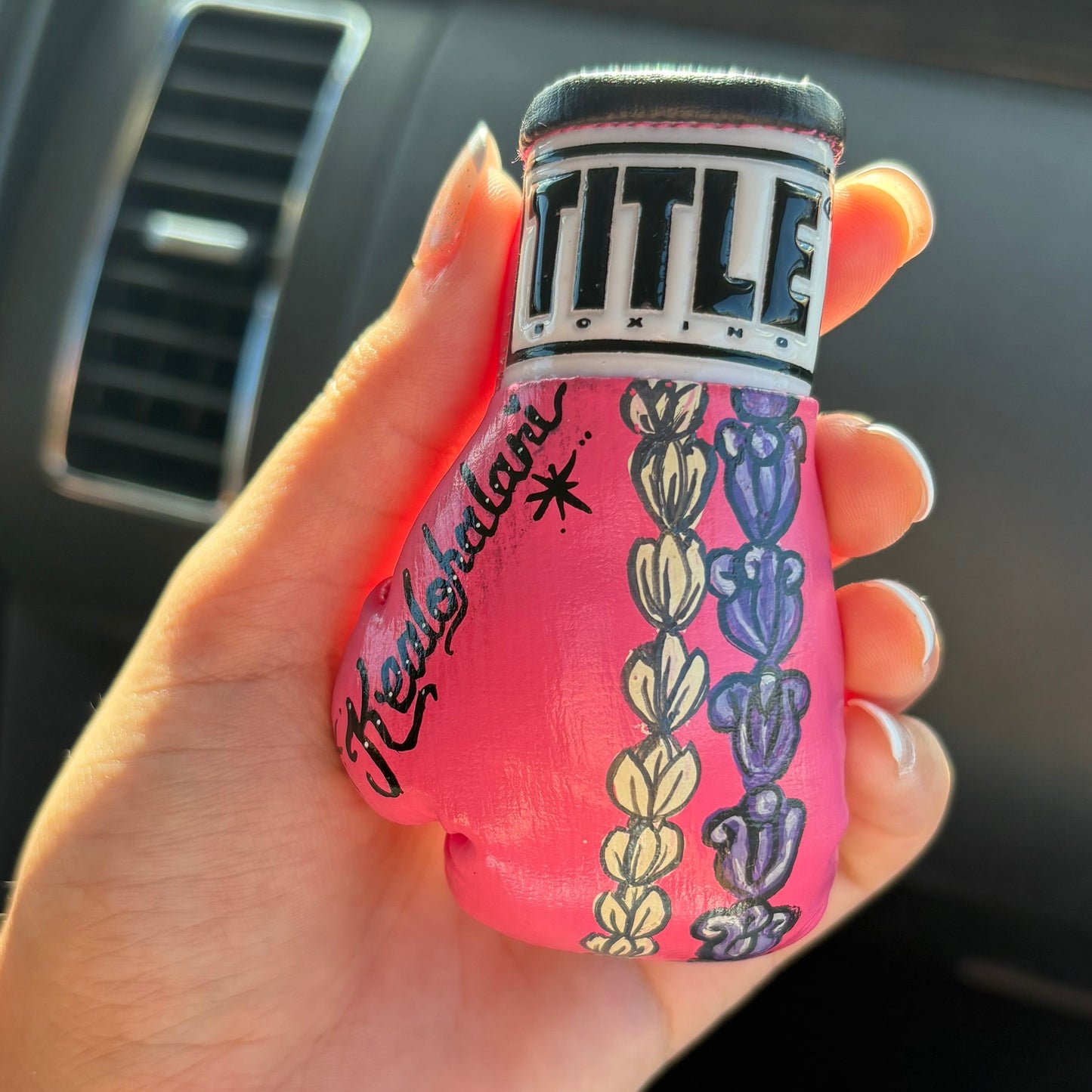 left pink glove, pikake and crown lei, customized for Kealohalani, hand-painted.