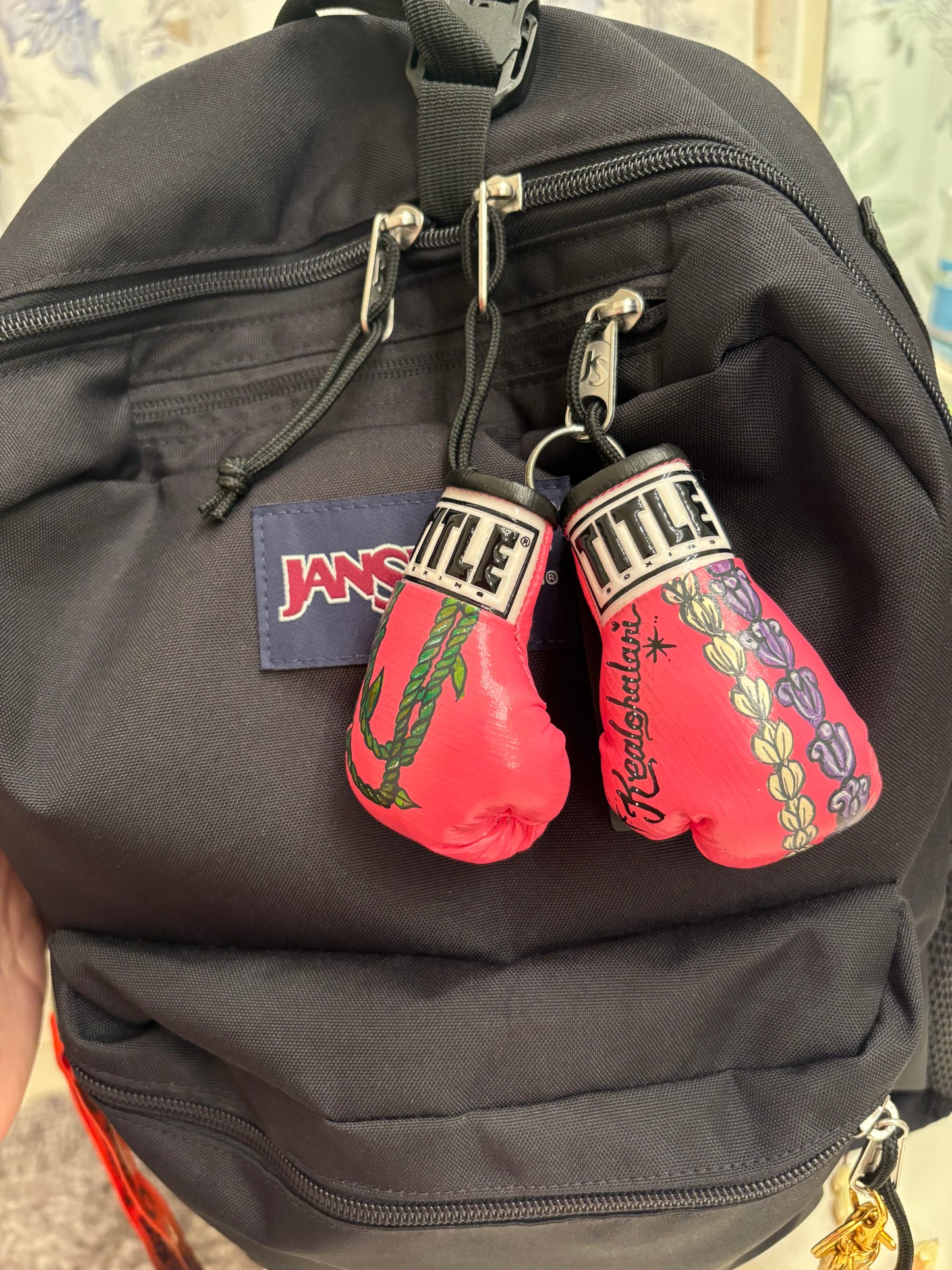 Novelty, hand-painted, pink mini gloves customized for Kealohalani.