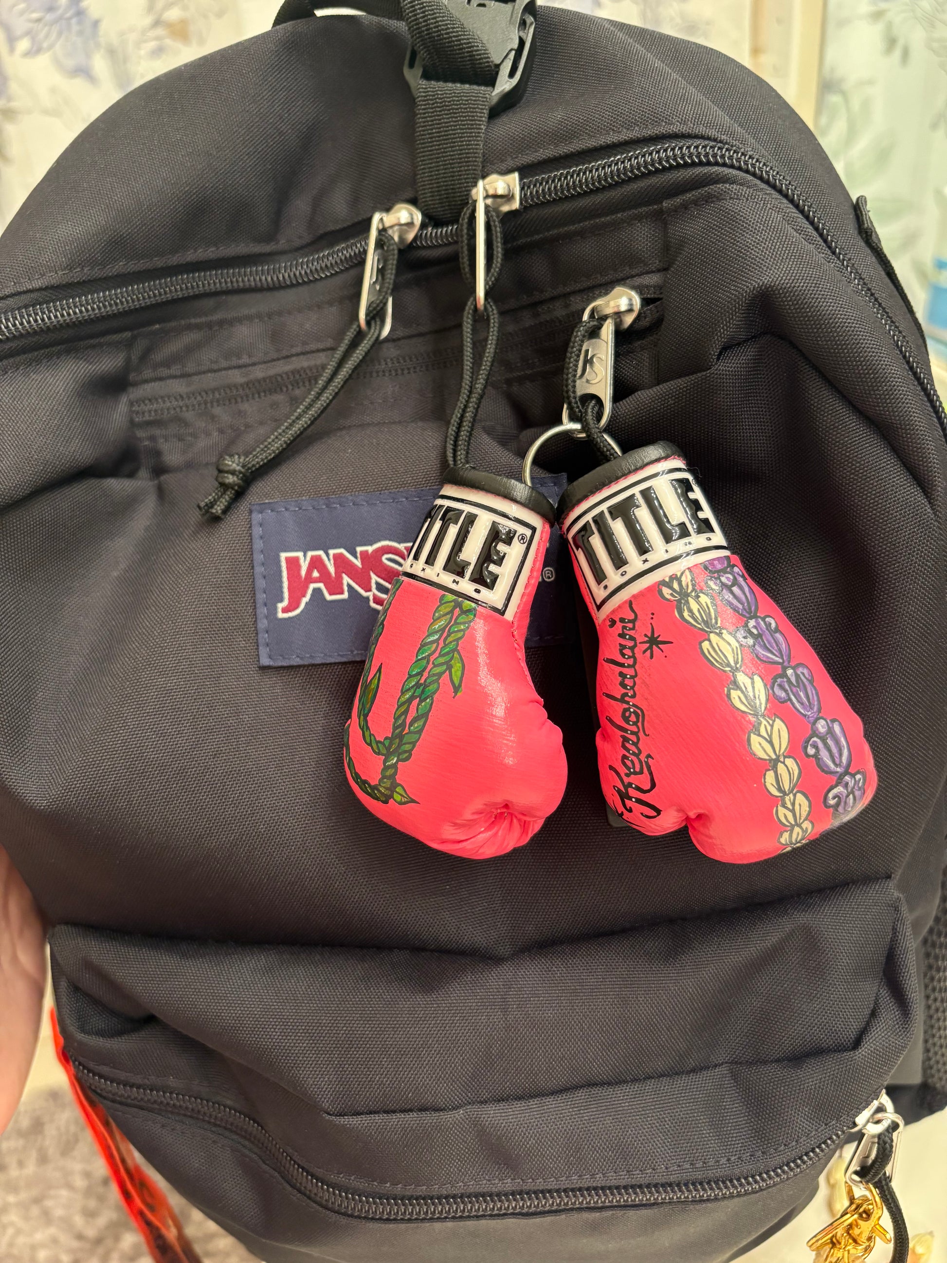 Novelty, hand-painted, pink mini gloves customized for Kealohalani.
