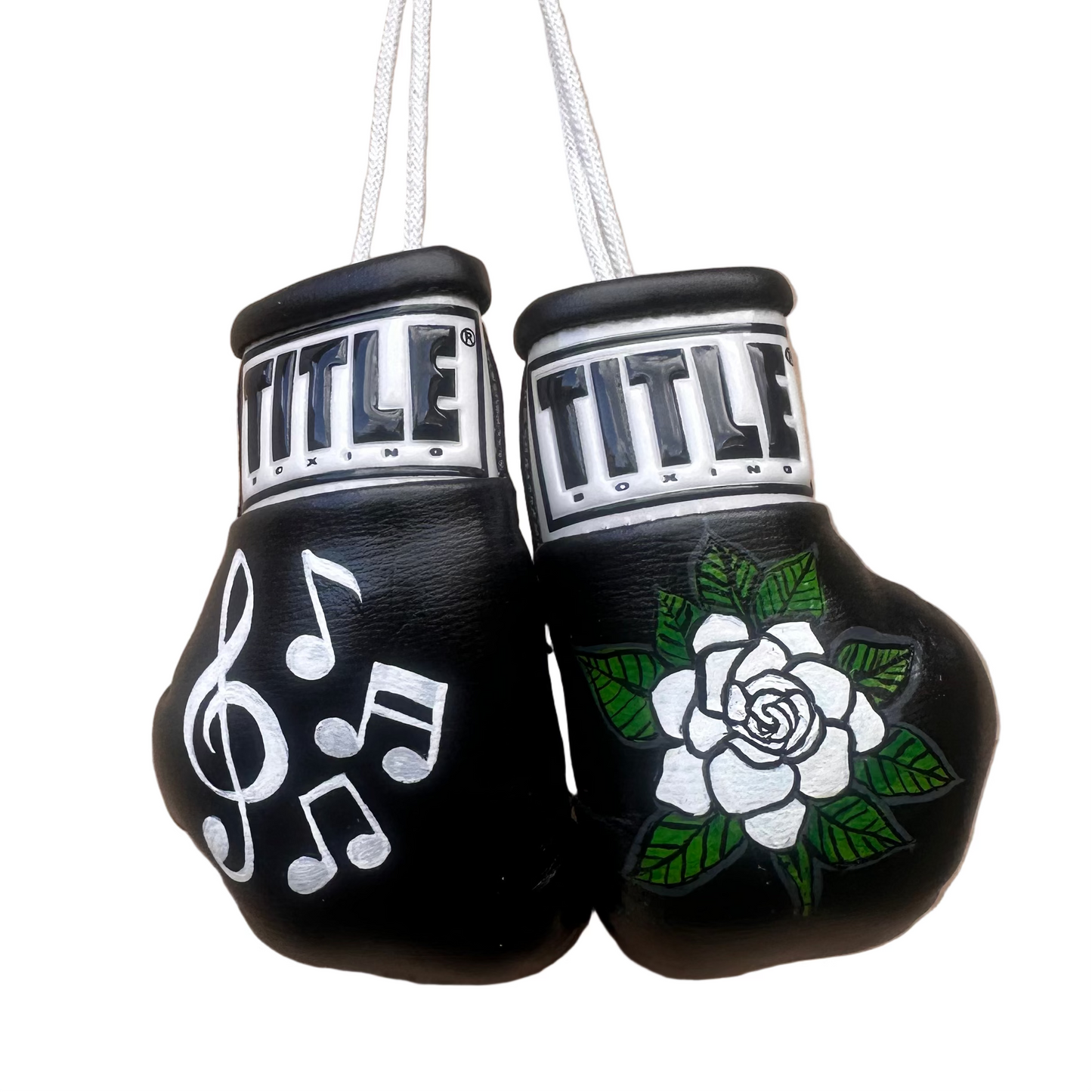 Custom Mini Boxing Gloves, Black, Music Notes & Gardenia