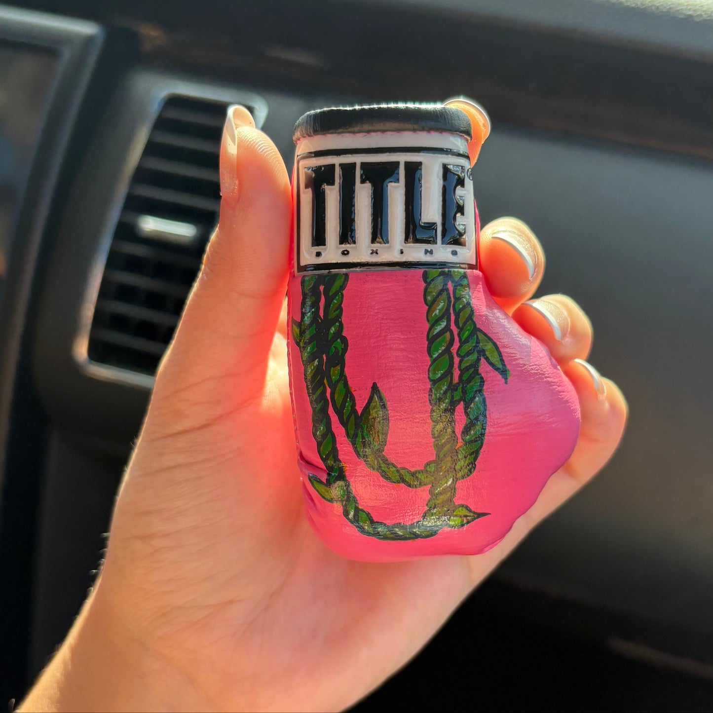 right pink mini glove, ti leaf lei, hand-painted