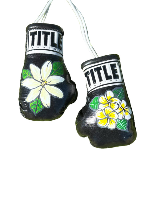 Custom Mini Boxing Gloves, Black, Tiare and Plumeria