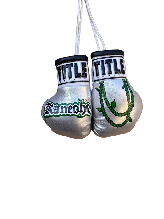 Custom Mini Boxing Gloves, Silver, Kaneohe w/ti leaf lei